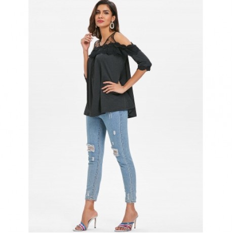 Lace Trim Cut Out Shoulder Blouse (BLACK)