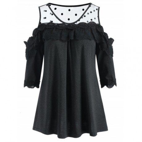 Lace Trim Cut Out Shoulder Blouse (BLACK)
