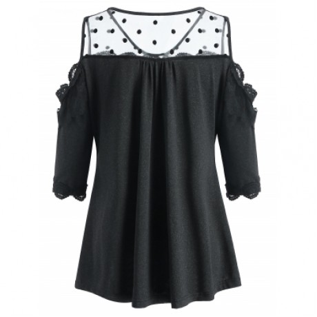 Lace Trim Cut Out Shoulder Blouse (BLACK)