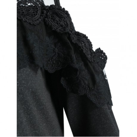 Lace Trim Cut Out Shoulder Blouse (BLACK)