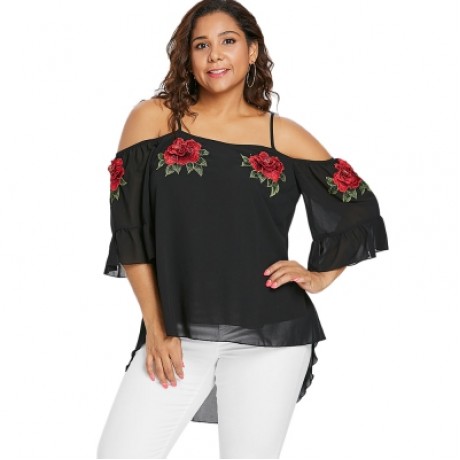 Plus Size Flare Sleeve Embroidery Blouse (BLACK)