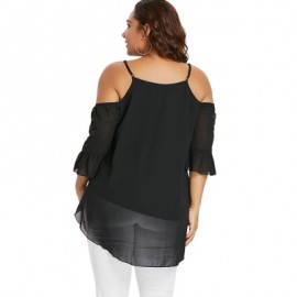 Plus Size Flare Sleeve Embroidery Blouse (BLACK)