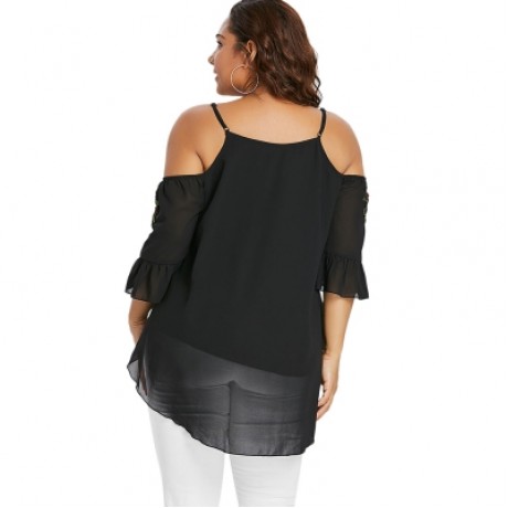 Plus Size Flare Sleeve Embroidery Blouse (BLACK)