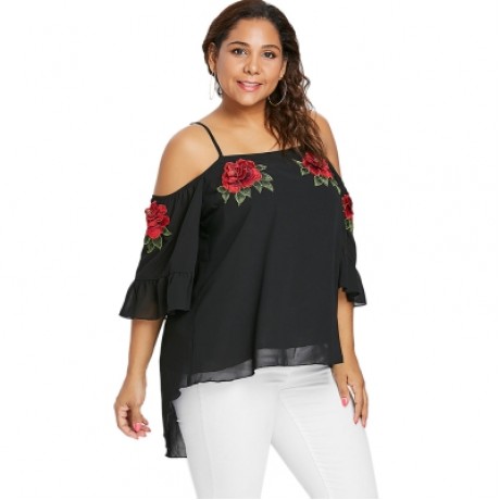Plus Size Flare Sleeve Embroidery Blouse (BLACK)