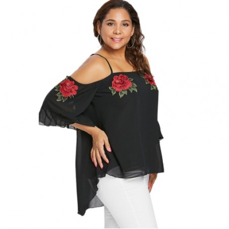 Plus Size Flare Sleeve Embroidery Blouse (BLACK)