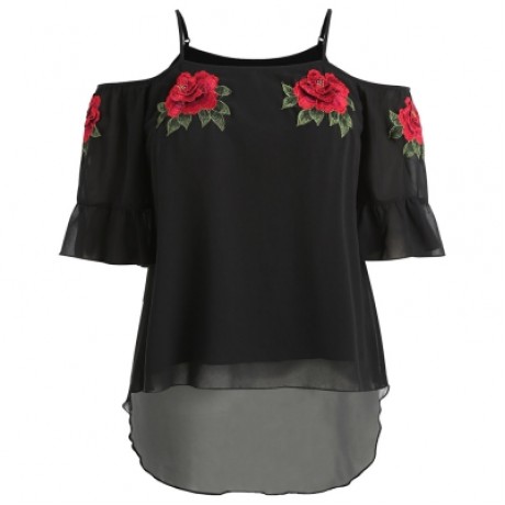 Plus Size Flare Sleeve Embroidery Blouse (BLACK)
