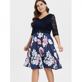 Plus Size Lace Panel Floral Print Knee Length Dress  (CADETBLUE)