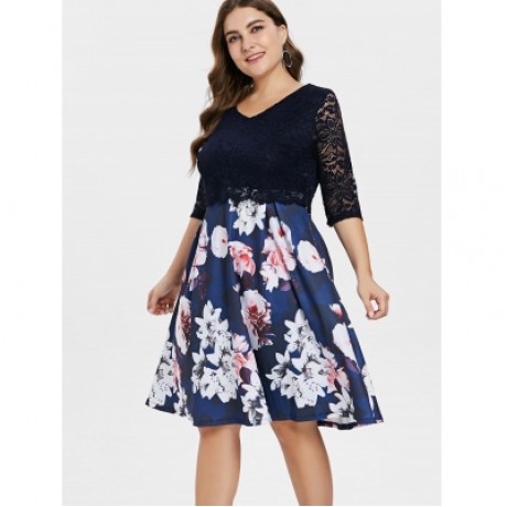 Plus Size Lace Panel Floral Print Knee Length Dress  (CADETBLUE)