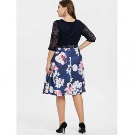 Plus Size Lace Panel Floral Print Knee Length Dress  (CADETBLUE)