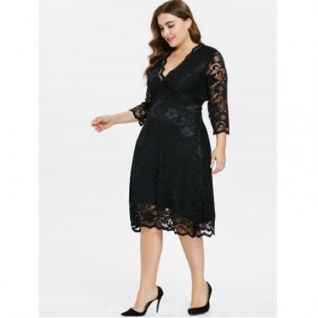 Plus Size Lace Overlay Dress (BLACK)