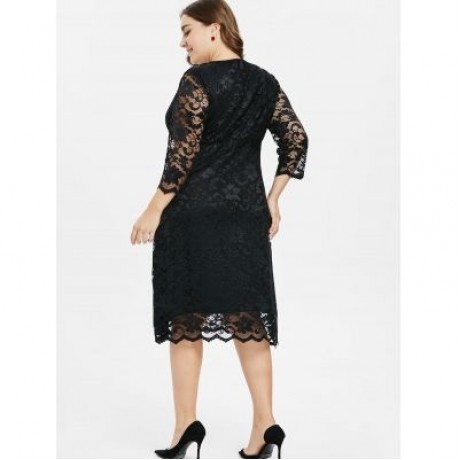 Plus Size Lace Overlay Dress (BLACK)