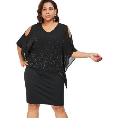 Plus Size Cold Shoulder V Neck Overlay Dress (BLACK)