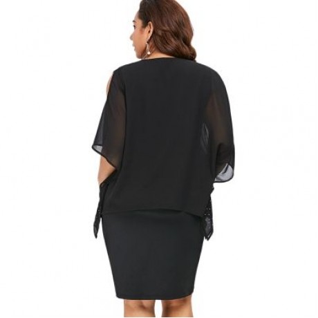 Plus Size Cold Shoulder V Neck Overlay Dress (BLACK)