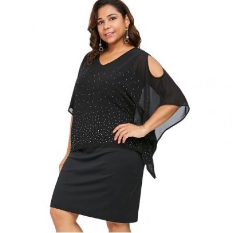 Plus Size Cold Shoulder V Neck Overlay Dress (BLACK)