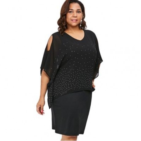 Plus Size Cold Shoulder V Neck Overlay Dress (BLACK)