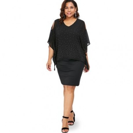 Plus Size Cold Shoulder V Neck Overlay Dress (BLACK)