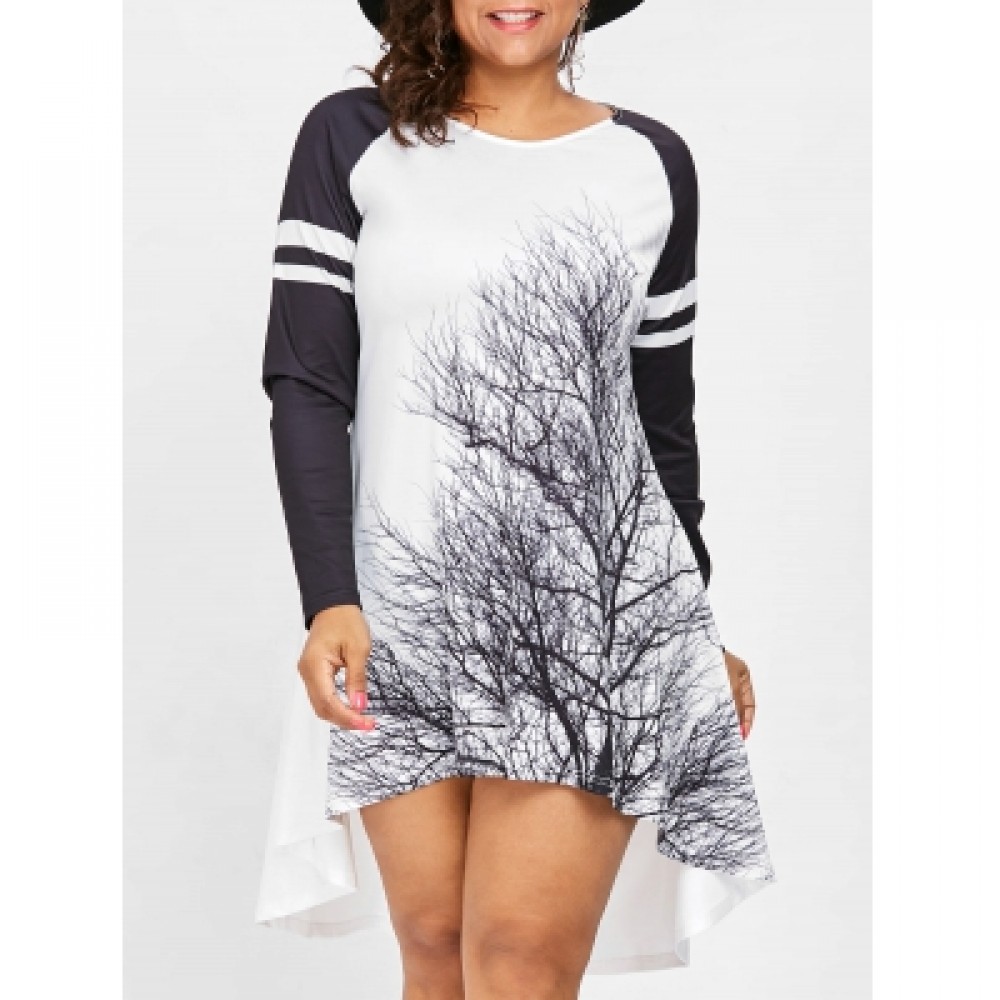 Plus Size Tree Print High Low Dress (WHITE)