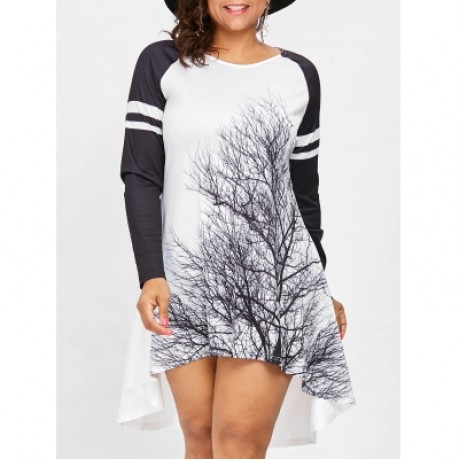 Plus Size Tree Print High Low Dress (WHITE)