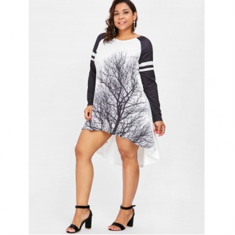 Plus Size Tree Print High Low Dress (WHITE)