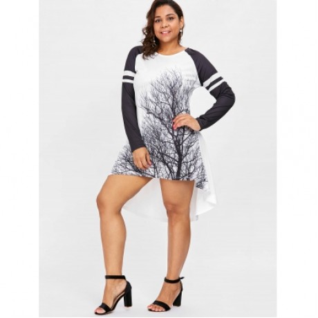 Plus Size Tree Print High Low Dress (WHITE)