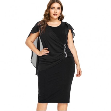 Plus Size Rhinestone Embellished Capelet Dress (BLACK)