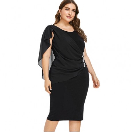 Plus Size Rhinestone Embellished Capelet Dress (BLACK)
