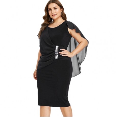 Plus Size Rhinestone Embellished Capelet Dress (BLACK)