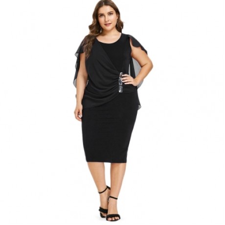 Plus Size Rhinestone Embellished Capelet Dress (BLACK)