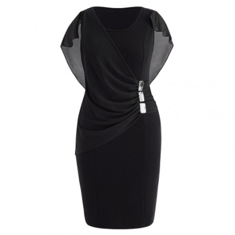 Plus Size Rhinestone Embellished Capelet Dress (BLACK)