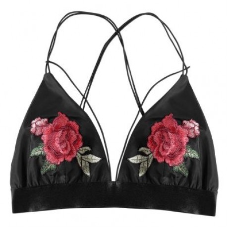 Spaghetti Strap Backless Floral Embroidery Women Bra Top (BLACK)