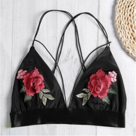 Spaghetti Strap Backless Floral Embroidery Women Bra Top (BLACK)