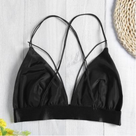 Spaghetti Strap Backless Floral Embroidery Women Bra Top (BLACK)