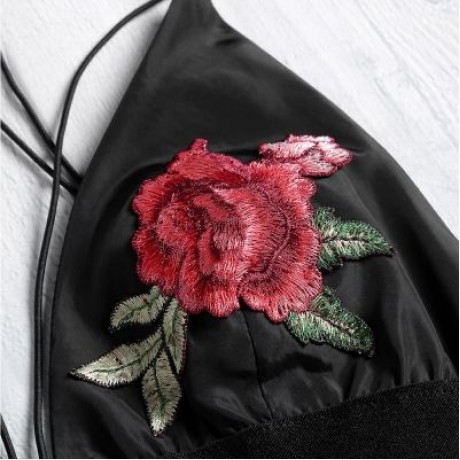 Spaghetti Strap Backless Floral Embroidery Women Bra Top (BLACK)