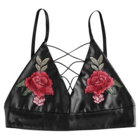 Spaghetti Strap Lace-up Floral Embroidery PU Women Crop Top (BLACK)