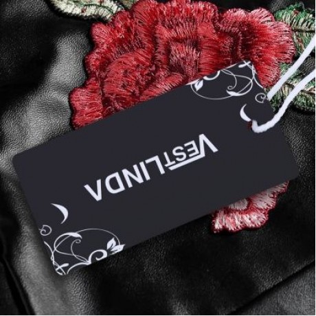 Spaghetti Strap Lace-up Floral Embroidery PU Women Crop Top (BLACK)