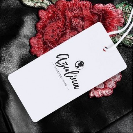 Spaghetti Strap Lace-up Floral Embroidery PU Women Crop Top (BLACK)
