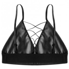 Spaghetti Strap Lace-up Floral Embroidery PU Women Crop Top (BLACK)
