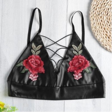Spaghetti Strap Lace-up Floral Embroidery PU Women Crop Top (BLACK)