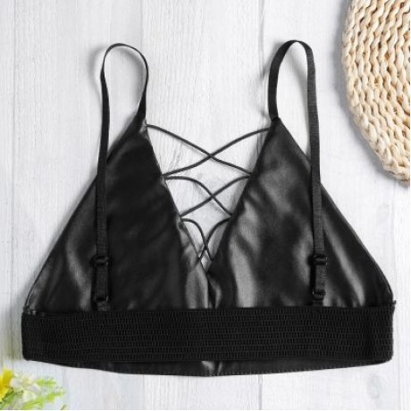 Spaghetti Strap Lace-up Floral Embroidery PU Women Crop Top (BLACK)