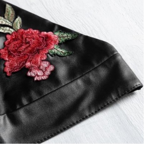 Spaghetti Strap Lace-up Floral Embroidery PU Women Crop Top (BLACK)
