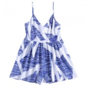 V Neck Spaghetti Strap Backless Print Women Romper (WHITE)