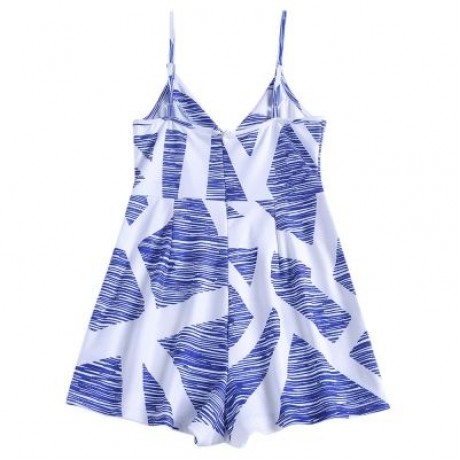 V Neck Spaghetti Strap Backless Print Women Romper (WHITE)