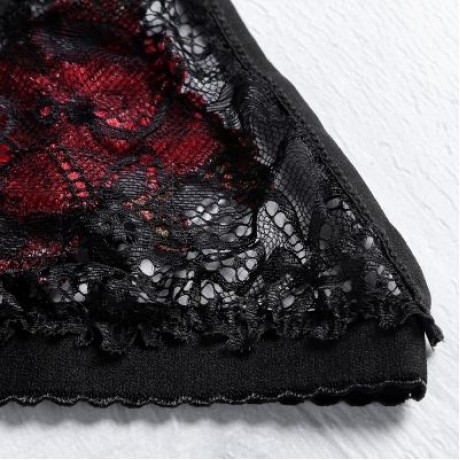 Spaghetti Strap Halter Neck Floral Embroidery Spliced Lace Women Bra Top (BLACK)