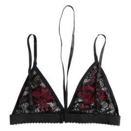 Spaghetti Strap Halter Neck Floral Embroidery Spliced Lace Women Bra Top (BLACK)