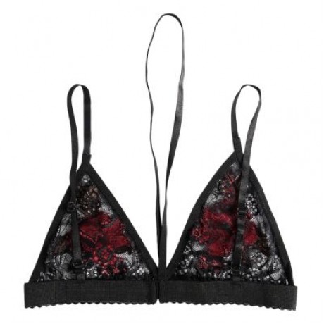 Spaghetti Strap Halter Neck Floral Embroidery Spliced Lace Women Bra Top (BLACK)