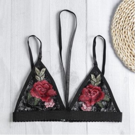 Spaghetti Strap Halter Neck Floral Embroidery Spliced Lace Women Bra Top (BLACK)