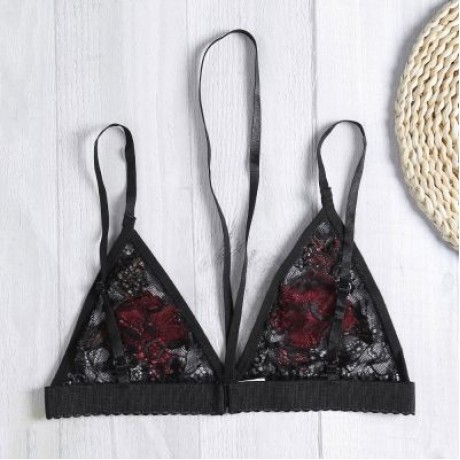 Spaghetti Strap Halter Neck Floral Embroidery Spliced Lace Women Bra Top (BLACK)