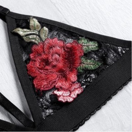 Spaghetti Strap Halter Neck Floral Embroidery Spliced Lace Women Bra Top (BLACK)