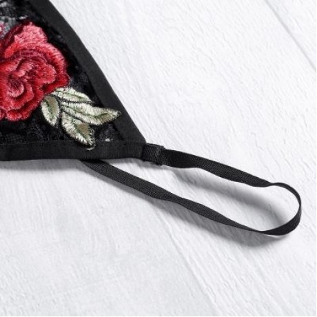 Spaghetti Strap Halter Neck Floral Embroidery Spliced Lace Women Bra Top (BLACK)