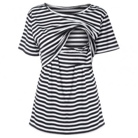 Round Collar Short Sleeves Layered Maternity Breastfeeding Top Shirt (BLACK)